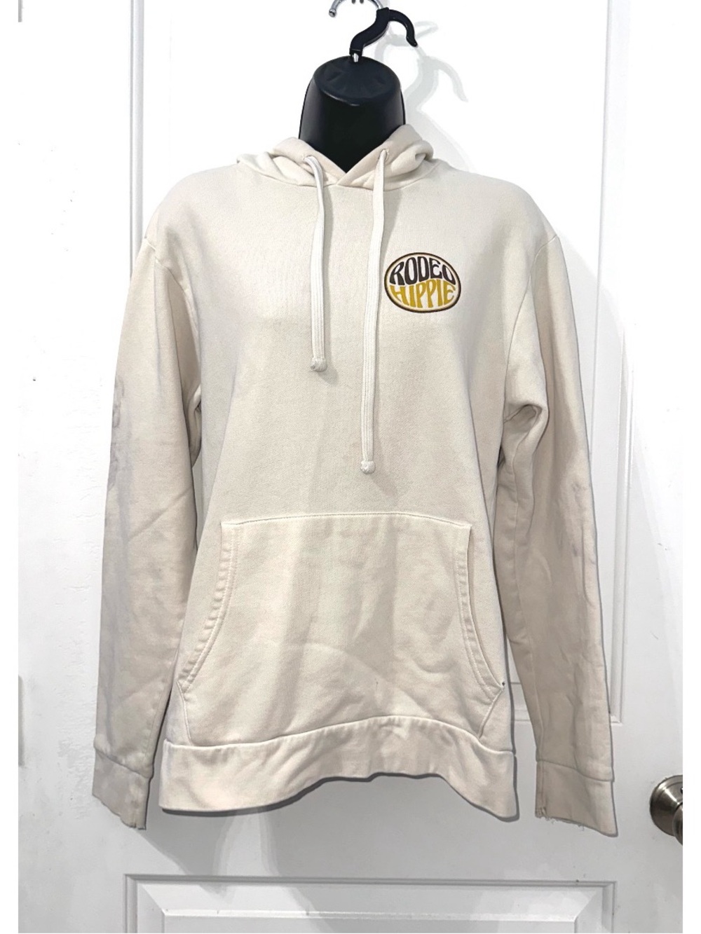 Rodeo Hippie “Rope, Ride, Peace, Love” hoodie in a natural cream color, size S